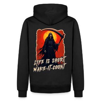 Faucheuse gothique - Mort | Life is Short, Skull - Sweat à capuche Premium bio Homme - noir - Dos - Nico (187cm)