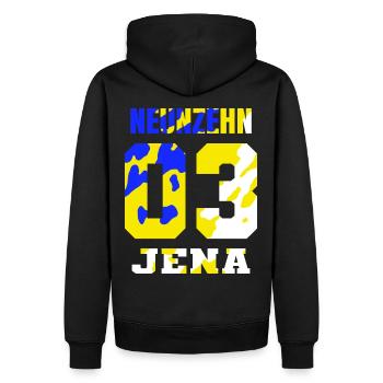 1903 JENA Blue Yellow White - Men’s Premium Organic Hoodie - black - Back - Nico (187cm)
