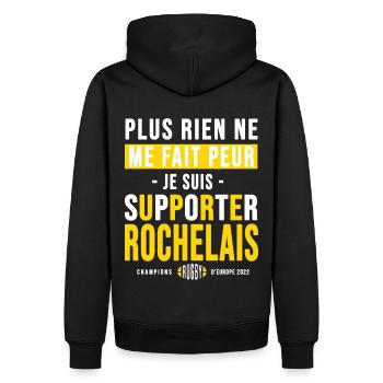 Rugby La Rochelle cadeau supporter Rochelais - Sweat à capuche Premium bio Homme - noir - Dos - Nico (187cm)