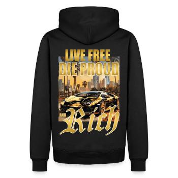 LIVE FREE DIE PROUD - RICH LAMBO - Männer Premium Bio Hoodie - Schwarz - Hinten - Nico (187cm)