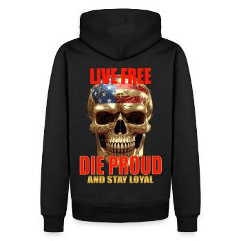 LIVE FREE DIE PROUD - AND STAY LOYAL - Männer Premium Bio Hoodie - Schwarz - Hinten - Nico (187cm)