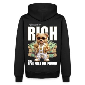 FUCKIN RICH LIVE FREE DIE PROUD - Männer Premium Bio Hoodie - Schwarz - Hinten - Nico (187cm)