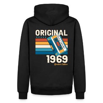 54e anniversaire septembre millésime 1969 cassette - Sweat à capuche Premium bio Homme - noir - Dos - Nico (187cm)