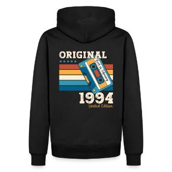 30e anniversaire mari février Vintage 1994 Cassette - Sweat à capuche Premium bio Homme - noir - Dos - Nico (187cm)