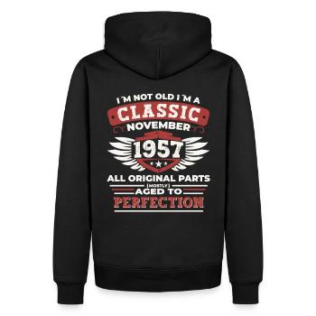Classique Novembre 1957 - Cadeau de 65e anniversaire - Sweat à capuche Premium bio Homme - noir - Dos - Nico (187cm)