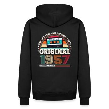 66. Geburtstag Mann Jahrgang 1957 März Kassette - Männer Premium Bio Hoodie - Schwarz - Hinten - Nico (187cm)
