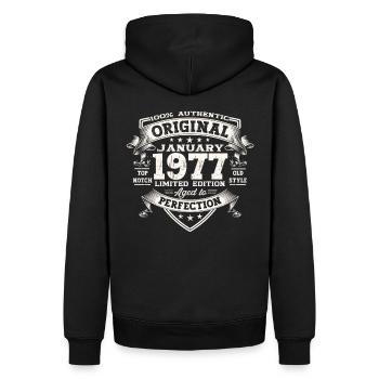 Né en 1977 Janvier 46ème anniversaire Homme cadeau - Sweat à capuche Premium bio Homme - noir - Dos - Nico (187cm)