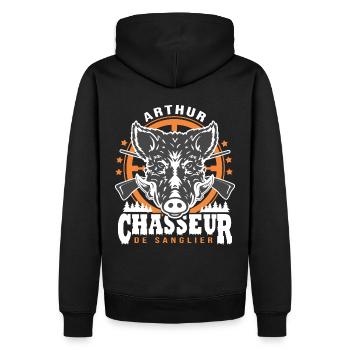 Arthur chasseur de sanglier Humour Chasse - Sweat à capuche Premium bio Homme - noir - Dos - Nico (187cm)