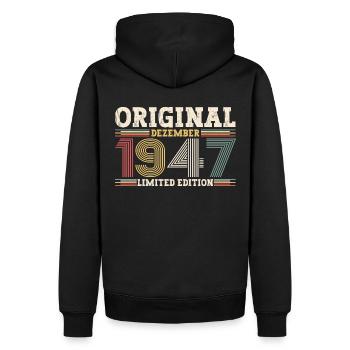 76e anniversaire Original Décembre Né 1947 - Sweat à capuche Premium bio Homme - noir - Dos - Nico (187cm)
