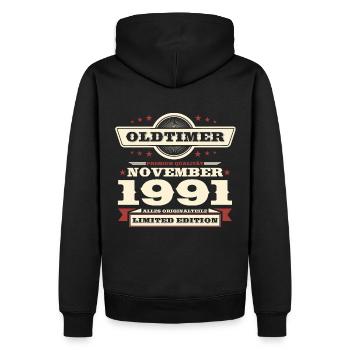 32e anniversaire voiture classique novembre vintage 1991 - Sweat à capuche Premium bio Homme - noir - Dos - Nico (187cm)