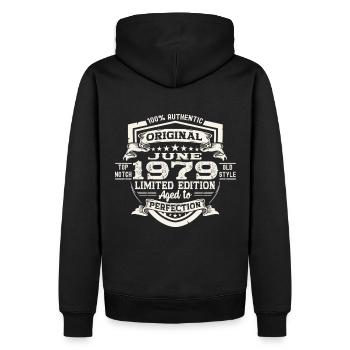 44e anniversaire Juin Millésime 1979 Bouclier Original - Sweat à capuche Premium bio Homme - noir - Dos - Nico (187cm)