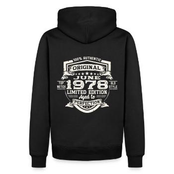 45e anniversaire Juin Millésime 1978 Bouclier original - Sweat à capuche Premium bio Homme - noir - Dos - Nico (187cm)
