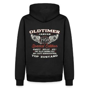 65. Geburtstag Mann Oldtimer Januar Jahrgang 1959 - Männer Premium Bio Hoodie - Schwarz - Hinten - Nico (187cm)