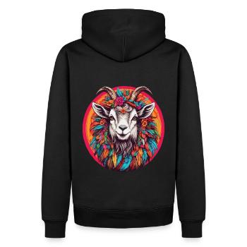 Ziegenbock mit Federschmuck und Blumen - Männer Premium Bio Hoodie - Schwarz - Hinten - Nico (187cm)