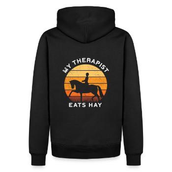 HORSERIDERSUNSETMYTHERAPISTEATSHAY - Männer Premium Bio Hoodie - Schwarz - Hinten - Nico (187cm)
