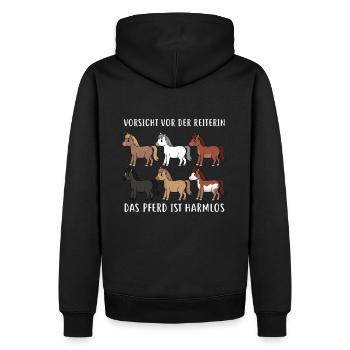 Vorsicht vor der Reiterin das Pferd ist harmlos - Männer Premium Bio Hoodie - Schwarz - Hinten - Nico (187cm)