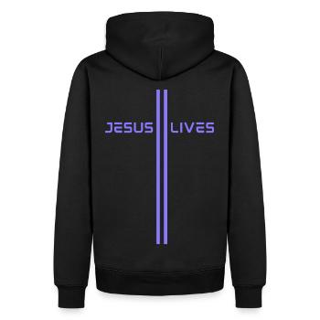 Jesus-Lives, Jesus-Lebt, christliche Motivation - Männer Premium Bio Hoodie - Schwarz - Hinten - Nico (187cm)