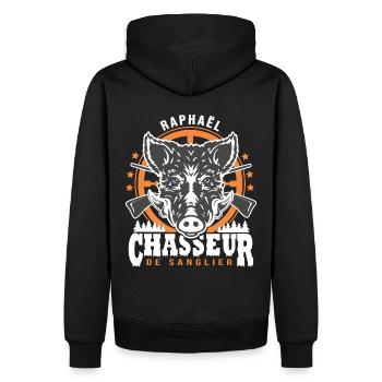 Raphaël chasseur de sanglier Humour Chasse - Sweat à capuche Premium bio Homme - noir - Dos - Nico (187cm)