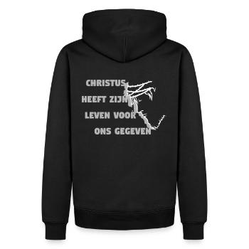 Christus ist für uns Holländer gestorben - Männer Premium Bio Hoodie - Schwarz - Hinten - Nico (187cm)