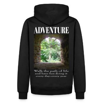 Abenteuer- Burgfenster mit Bogen und Ausblick - Männer Premium Bio Hoodie - Schwarz - Hinten - Nico (187cm)