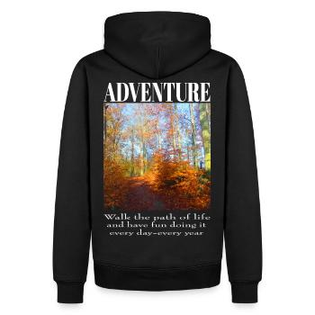 Adventure - Path through the autumn forest - Men’s Premium Organic Hoodie - black - Back - Nico (187cm)