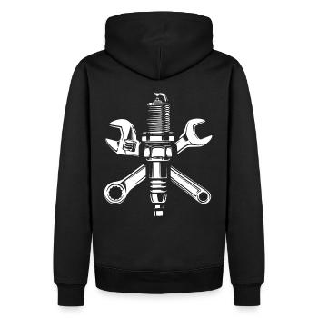 Tournevis - Garage - Bougie d’allumage et clés - Sweat à capuche Premium bio Homme - noir - Dos - Nico (187cm)