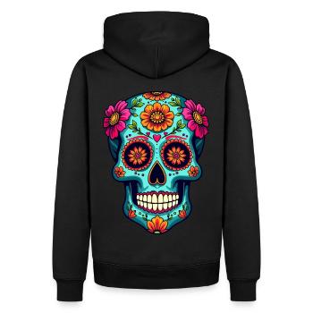 Floraler Zuckerschädel – Farbenfrohe Kunst zum Tag der Toten - Männer Premium Bio Hoodie - Schwarz - Hinten - Nico (187cm)