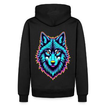 Neon Wolfskopf – Psychedelisch leuchtendes Tierdesign - Männer Premium Bio Hoodie - Schwarz - Hinten - Nico (187cm)