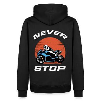 NEVER STOP MOTORRAD SUNSET DESIGN - Männer Premium Bio Hoodie - Schwarz - Hinten - Nico (187cm)