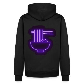 Lila Neon Ramen Aufkleber - Männer Premium Bio Hoodie - Schwarz - Hinten - Nico (187cm)
