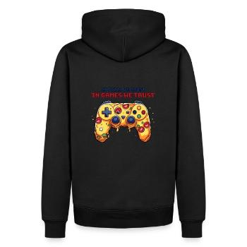 Pizza Gamer T-shirt | Wir Vertrauen Auf Spiele - Männer Premium Bio Hoodie - Schwarz - Hinten - Nico (187cm)