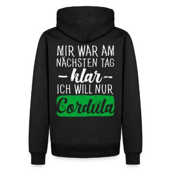 MIR WAR AM NÄCHSTEN TAG KLAR, ICH WILL NUR CORDULA - Männer Premium Bio Hoodie - Schwarz - Hinten - Nico (187cm)