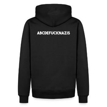 ABCDEFUCKNAZIS, Lustiger Spruch gegen Rechts, AfD - Männer Premium Bio Hoodie - Schwarz - Hinten - Nico (187cm)