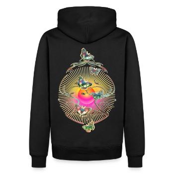 Schmetterlinge Schnörkel Ranke Sonne Muster - Männer Premium Bio Hoodie - Schwarz - Hinten - Nico (187cm)
