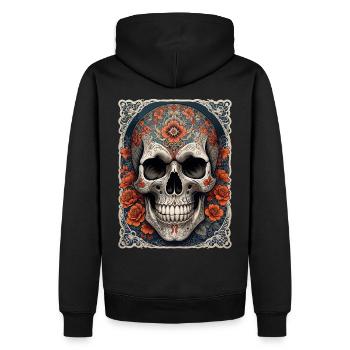 Gerahmter Totenkopf Totenkopf und orangefarbene Blumen - Männer Premium Bio Hoodie - Schwarz - Hinten - Nico (187cm)
