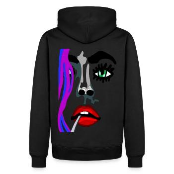 Visage modèle avec bouche rouge et yeux verts - Sweat à capuche Premium bio Homme - noir - Dos - Nico (187cm)