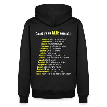 Ich hasse Menschen - in 16 Sprachen - Männer Premium Bio Hoodie - Schwarz - Hinten - Nico (187cm)