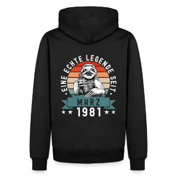 Faultier Geburtstag März 1981 Geboren Jahrgang - Männer Premium Bio Hoodie - Schwarz - Hinten - Nico (187cm)