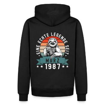 Faultier Geburtstag März 1987 Geboren Jahrgang - Männer Premium Bio Hoodie - Schwarz - Hinten - Nico (187cm)