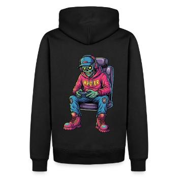 Untoter Zocker: Zombie Gamer Trucker - Männer Premium Bio Hoodie - Schwarz - Hinten - Nico (187cm)