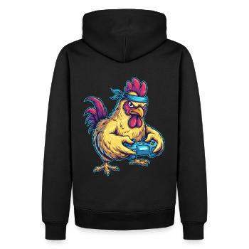 Zockendes Huhn: Gamer Hahn Power - Männer Premium Bio Hoodie - Schwarz - Hinten - Nico (187cm)