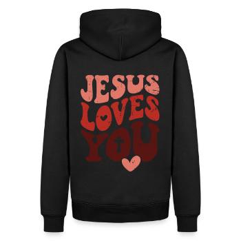 Jesus loves you loves you Christian Bible Verse - Men’s Premium Organic Hoodie - black - Back - Nico (187cm)