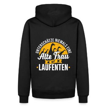 Laufenten Spruch Unterschätze Niemals Alte Frau - Männer Premium Bio Hoodie - Schwarz - Hinten - Nico (187cm)