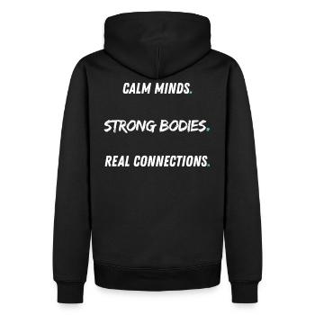 Calm Minds Strong Bodies - Männer Premium Bio Hoodie - Schwarz - Hinten - Nico (187cm)