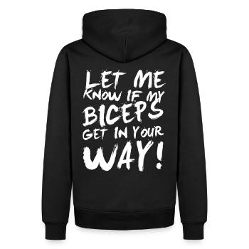 Let me know if my biceps get in your way! - Sweat à capuche Premium bio Homme - noir - Dos - Nico (187cm)