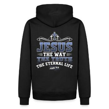 Jesus Christus Bibelvers Weg Wahrheit Leben Christ - Männer Premium Bio Hoodie - Schwarz - Hinten - Nico (187cm)