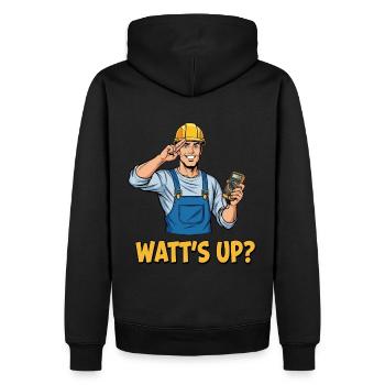 Elektriker Witz: Watt’s Up? Lustiger Spruch - Männer Premium Bio Hoodie - Schwarz - Hinten - Nico (187cm)