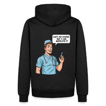Lustiger Pfleger Spruch – Dummheit Medikation - Männer Premium Bio Hoodie - Schwarz - Hinten - Nico (187cm)