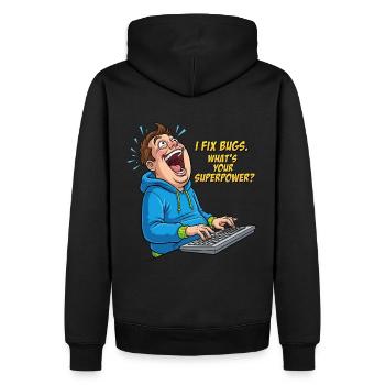 Bugfixer Power: Your superhero skill! - Men’s Premium Organic Hoodie - black - Back - Nico (187cm)