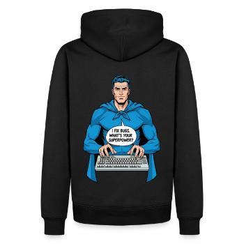 Super-héros : Je corrige des bugs ! - Sweat à capuche Premium bio Homme - noir - Dos - Nico (187cm)